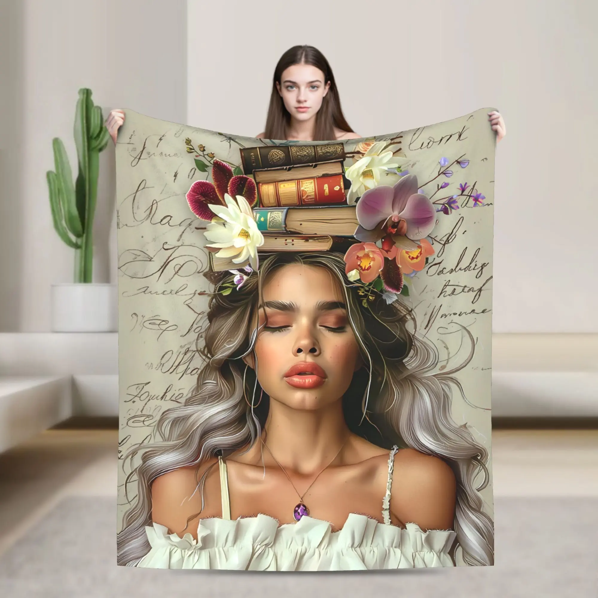 Women's 280gsm African-Theme Fleece Blanket - Afro-American Woman Design, Modern Look, Vibrant Floral Motifs, Book Details, All-Seasons Soft Warmth, Home Use, Perfect Gift