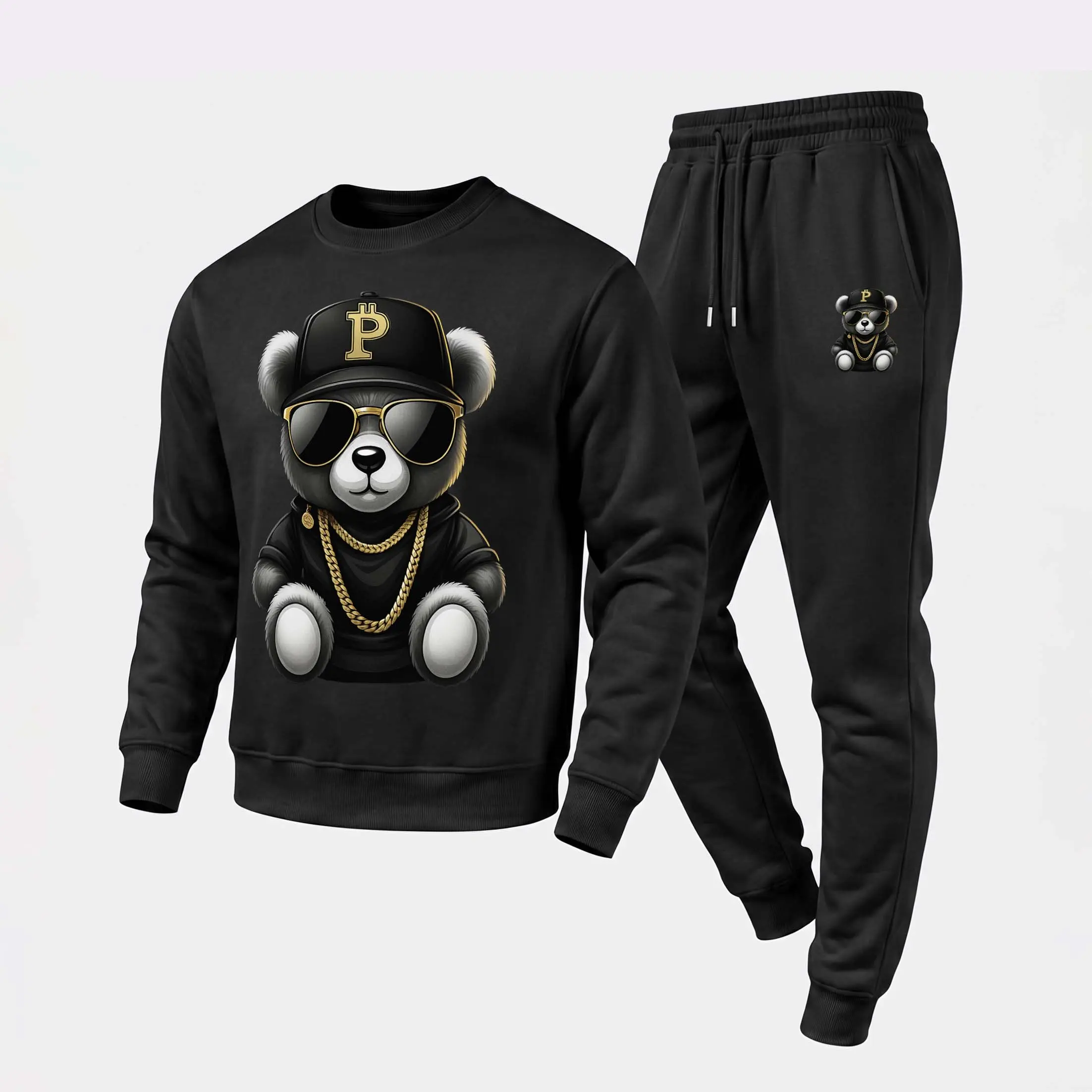 Men's Bear Graphic Crewneck Sweatshirt and Jogger Pants Set, Casual Long Sleeve Pullover with Drawstring Sweatpants, Fall Winter Tracksuit for Daily Wear, Travel, Lounge, Workout and Indoor Outdoor Activities
