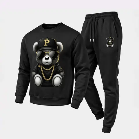 Men's Bear Graphic Crewneck Sweatshirt and Jogger Pants Set, Casual Long Sleeve Pullover with Drawstring Sweatpants, Fall Winter Tracksuit for Daily Wear, Travel, Lounge, Workout and Indoor Outdoor Activities