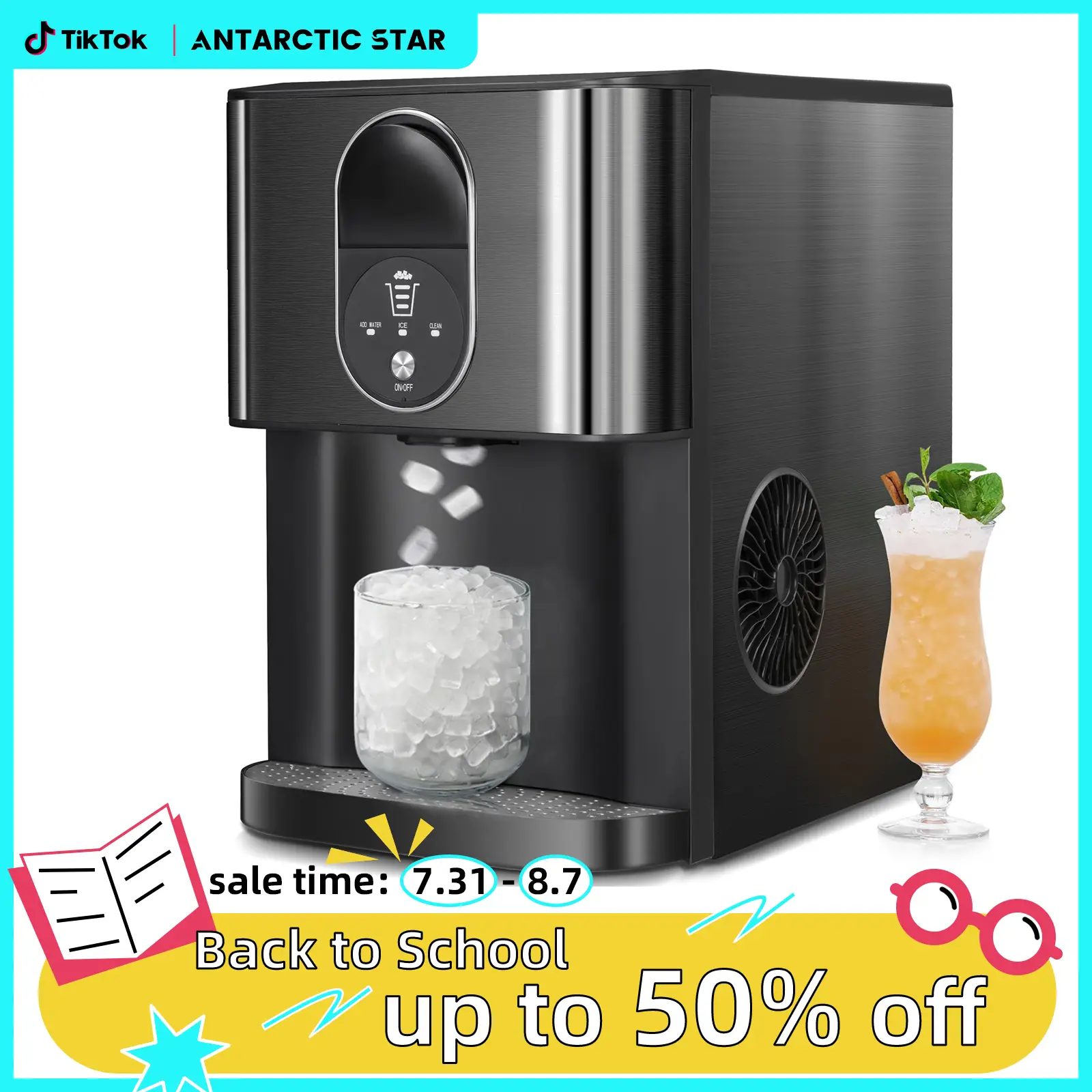 【Back to School】Antarctic Star Nugget Ice Maker,44 Lbs/24H,Countertop Ice Maker with Soft Chewable Ice,OneClick Operation,Make ice in 15mins,Auto-Clea