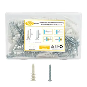Self Drilling Drywall Anchors, 100 count Nylon Plastic Wall Anchors and Screws for Drywall, No Pre Drill Hole Preparation Required (100)
