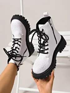 New Women's Thick Sole Motorcycle Boots, Fall Winter Fashion, Light, Side Zipper Round Toe Flat Lace-Up Short Boot, Lightweight Boots