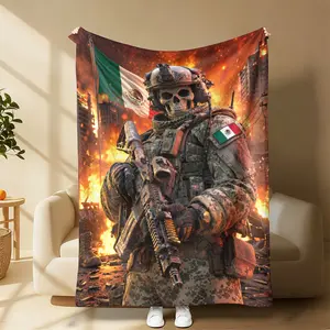 Patriotic Military Soldier Blanket, Mexico Flag Tactical Warrior Print Flannel Throw, Soft Warm Durable Cozy Blanket, Ideal for Indoor Decor, Outdoor Camping, Thoughtful Holiday Gift & Heartfelt Veteran Tribute