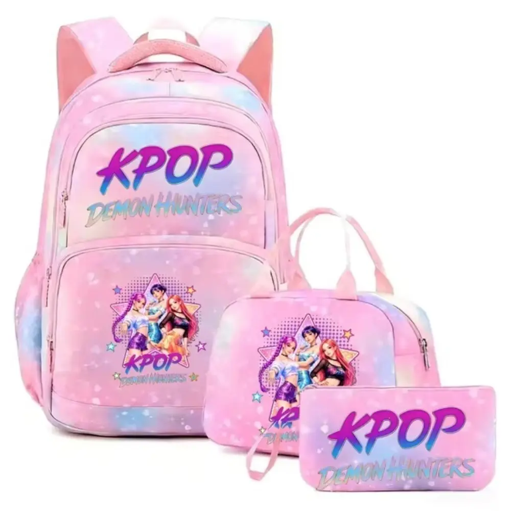 K‑Pop Anime Hunters Single Character Pink Pastel Galaxy Print 17 Inch 3‑Piece Backpack Set, Wear‑Resistant Multi‑Pocket Girls School Bookbag with Lunch Tote Bag and Pencil Pouch, Casual Daypack for Teen Girls Women
