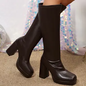 Women's Knee High Boots Platform Side Zipper Chunky Heel PU Leather Fashion Boots