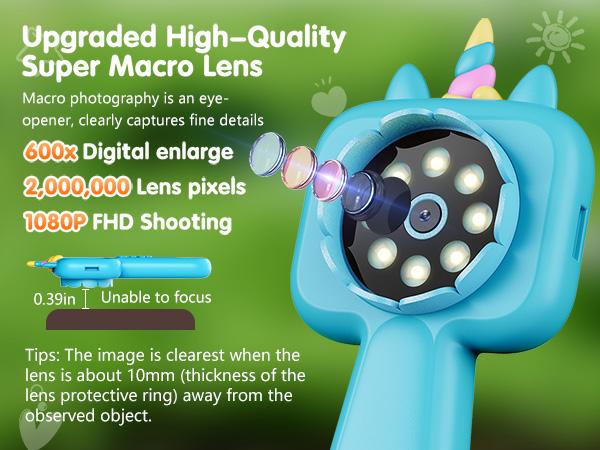 Kids Handheld Digital Microscope & Magnifying Glass, 2-in-1 Unicorn Pink Portable Science Toy for 3-12Y, 600X Zoom 200W HD IPS Screen, 8 Soft LED, Rechargeable 600mAh, Outdoor Nature Exploration & Observation Tool for Boys Girls, Educational Gift