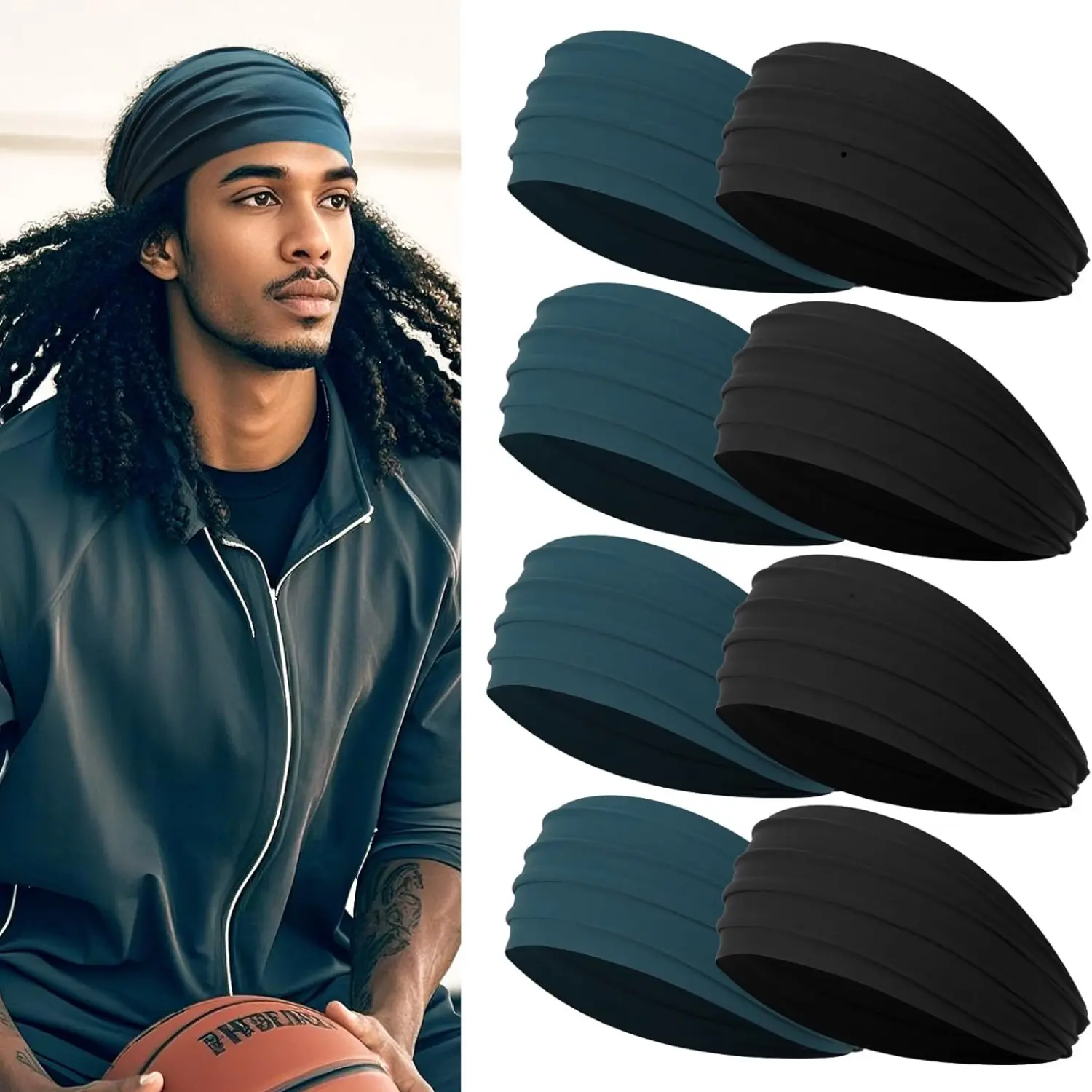 8 Pack Wide Headbands for Men Sports Head Bands for Long Hair Workout Running Baseball Football
