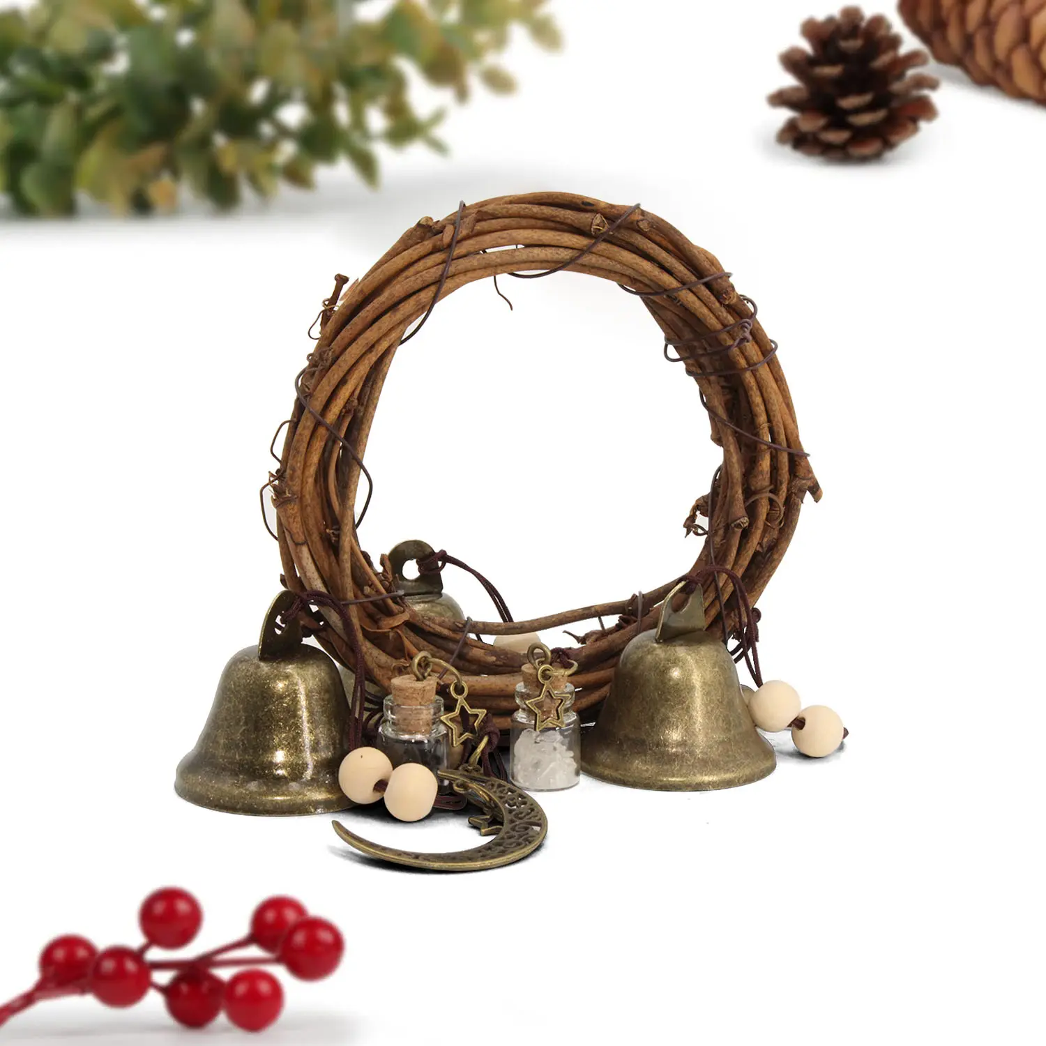 1Pc Bronze Hangable Wood Bell Decoration, Vintage Home Decor for Living Room, Bedroom Hanging Ornament