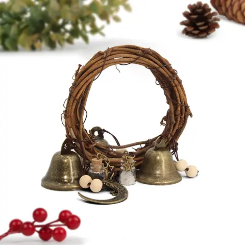 1Pc Bronze Handwoven Rope Wood & Metal Hangable Bell - Whimsical Witch Decor, Easy Install Indoor Decoration, Apartment Accessories, All Seasons Home Hanging Decor for Living Room, Bedroom