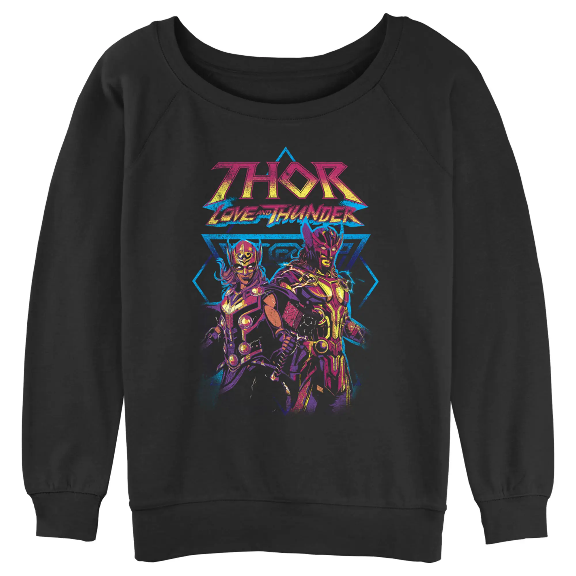 Juniors Womens Marvel: Thor: Love and Thunder Distressed Main Characters Sweatshirt