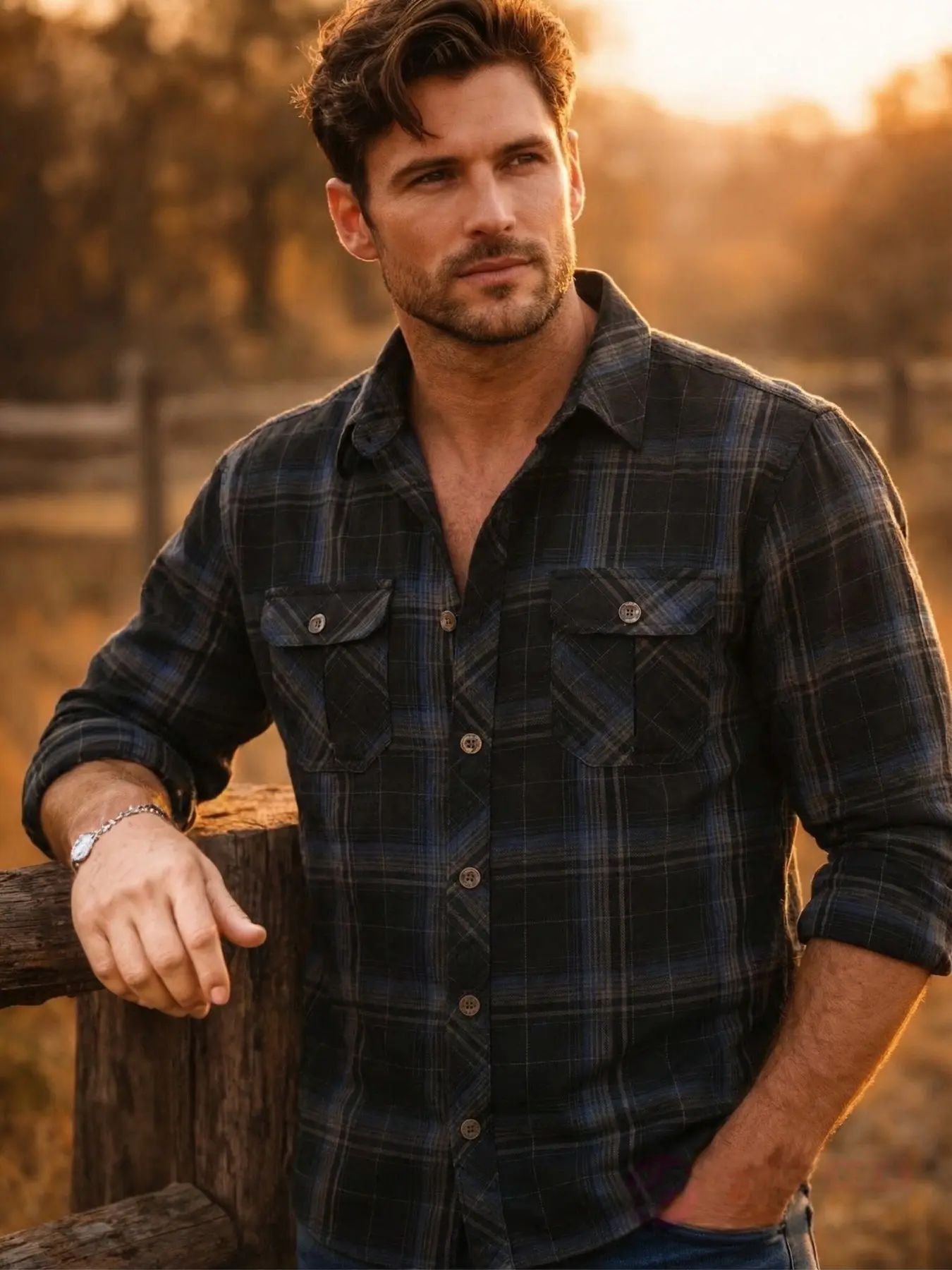 Men's American Vintage Classic Rugged Style Heavyweight Flannel Plaid Collared Shirt, Dual Patch Pockets, Wrinkle-Resistant, Durable, Relaxed Fit