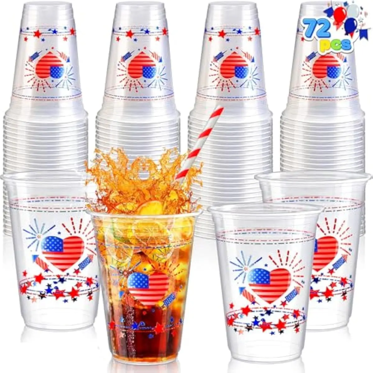 72 Pcs Patriotic Plastic Cups, 16 OZ 4th of July Clear Disposable Cups with Red & Blue Star Pattern for Patriotic Party Supplies, 4th of July Decoration, Independence Day Memorial Day