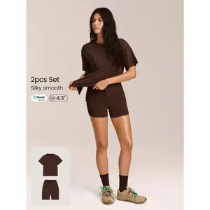 GLOWMODE Tencel Modal 4.3'' Everymode Soft Silky Oversized Tee & FeatherFit Buttery-Soft Lightweight Sweat-Wicking Crossover Waist Biker Shorts Low Impact Gym Studio Cycling Workout Running Daily Active Wear