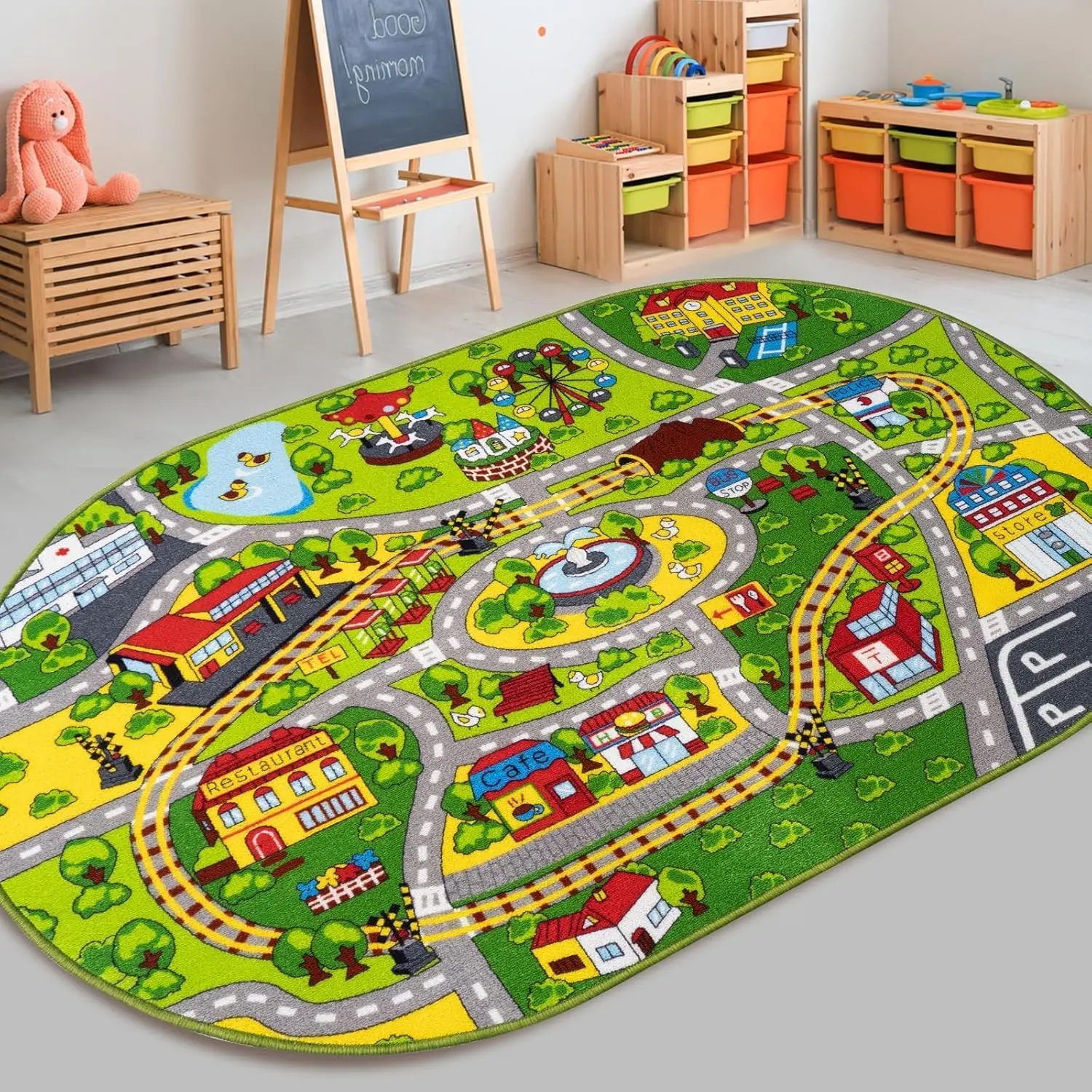 Booooom Jackson Oval Car Rug-Area Train Play Mat for Playroom, Bedroom-City Car Carpet
