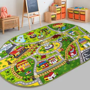 Booooom Jackson Oval Car Rug-Area Train Play Mat for Playroom, Bedroom-City Car Carpet