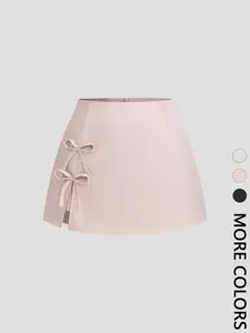 Women's High Waist Mini Skirt, A-Line Cut, Side Bow Tie Detail with Slit, Back Zipper Closure, Structured Woven Fabric, Daily Casual Commute Date Party Wear, Minimalist Elegant Chic Style