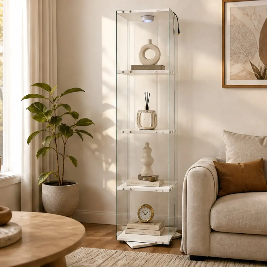 ARCH Rotatable 4-Tier Tempered Glass Display Cabinet with Remote Control LED Light, White Engineered Wood Storage Cabinet for Living Room Dining Room, Adjustable Feet, 63.19in Tall, Multiple Color Options, Black/White Color Options