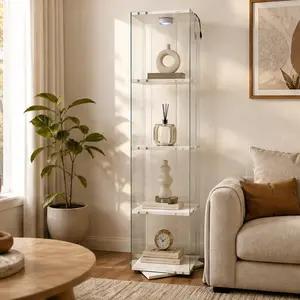ARCH Rotatable 4-Tier Tempered Glass Display Cabinet with Remote Control LED Light, White Engineered Wood Storage Cabinet for Living Room Dining Room, Adjustable Feet, 63.19in Tall, Multiple Color Options, Black/White Color Options