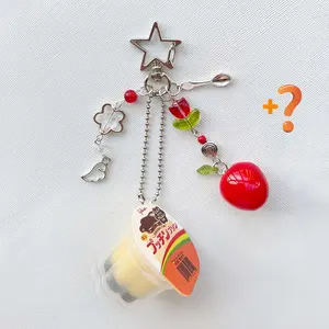 Japanese Pudding Keychain Y2K Heisei Retro Aesthetic Beaded Resin Alloy Charm Super Lightweight Kawaii Accessory with Cute Pastel Colors and Playful Beaded Accents