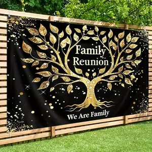 1PC,2D Flat Family Reunion Backdrop Black And Gold Tree Of Life Background Cloth For Party Decoration Family Gathering Event Photo Booth Backdrop We Are Family Party Supplies