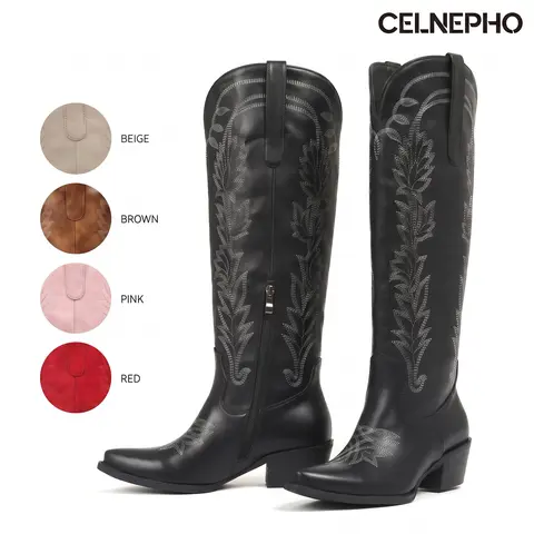 CELNEPHO Womens Cowboy Boots Pointed Toe Chunky Block Heel Western Embroidery Knee High Boot Side Zipper Closure Easy Pull on Country Wedding Gift Party Outdoor Events Date Work Casual Festival Retro Classic Vintage Fall Fashion Trendy Dress Cowgirl Shoes