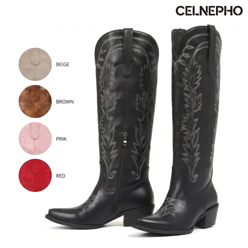 CELNEPHO Womens Cowboy Boots Pointed Toe Chunky Block Heel Western Embroidery Knee High Boot Side Zipper Closure Easy Pull on Country Wedding Gift Party Outdoor Events Date Work Casual Festival Retro Classic Vintage Fall Fashion Trendy Dress Cowgirl Shoes