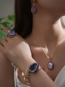 Purple Crystal Jewelry Set – 4-Piece Collection (Ring, Bracelet, Necklace, Earrings) – Elegant Amethyst Design, One-of-a-Kind Natural Crystals