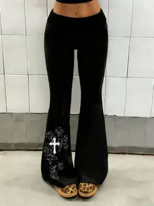 Women's Slim leggings, flared pants, Casual fitted trousers with a cross Gothic Graphic pattern, offering comfortable wear suitable for all seasons, these are bottoms for everyday wear, perfect for casual outfits