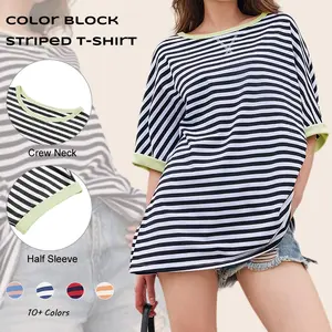 Imily Bela Womens Striped Oversize T-Shirt Casual Half Sleeve Color Block Tunic Summer Crew Neck Tee Tops