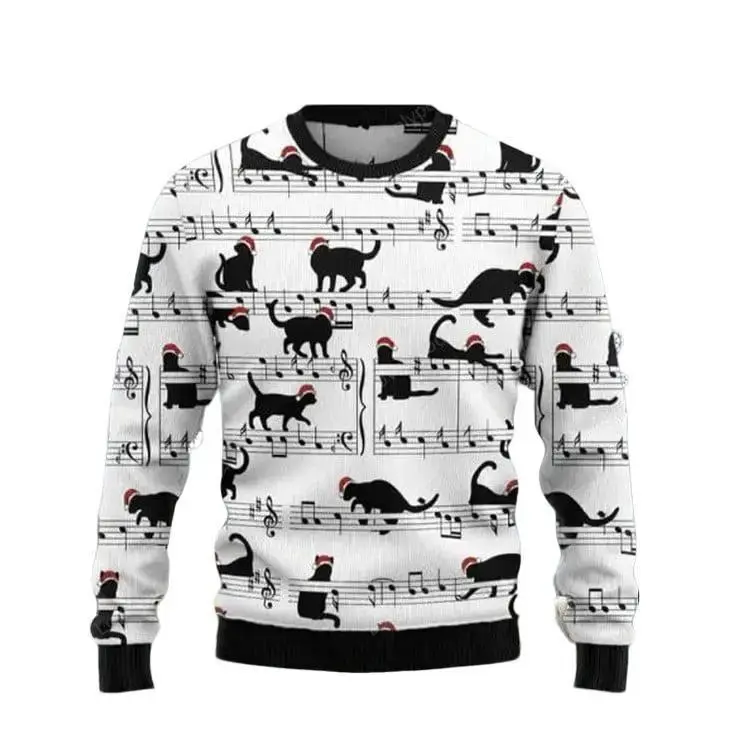 Black Cat Christmas Music Notes Ugly Christmas Sweater for men and women, Black Cat shirts, Ugly Sweater Christmas Gift
