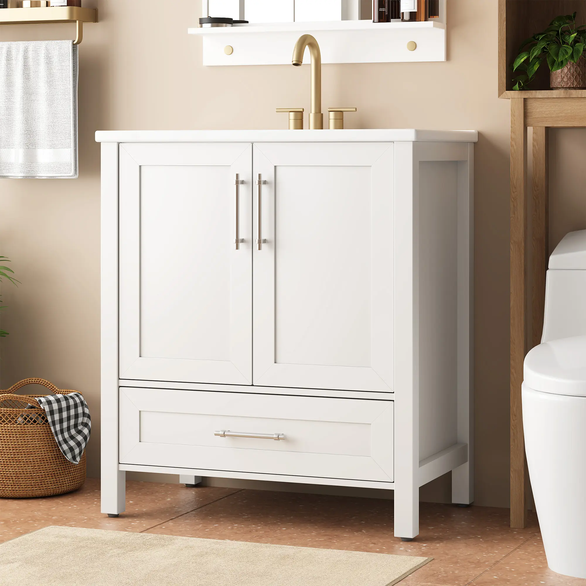 Modern Bathroom Vanity Set with Integral Ceramic basin – Freestanding Cabinet, Drawer & 2 Soft-Closing Doors, Single basin Storage, Floor Standing – 24/30 Inches, Walnut or Natural Finish