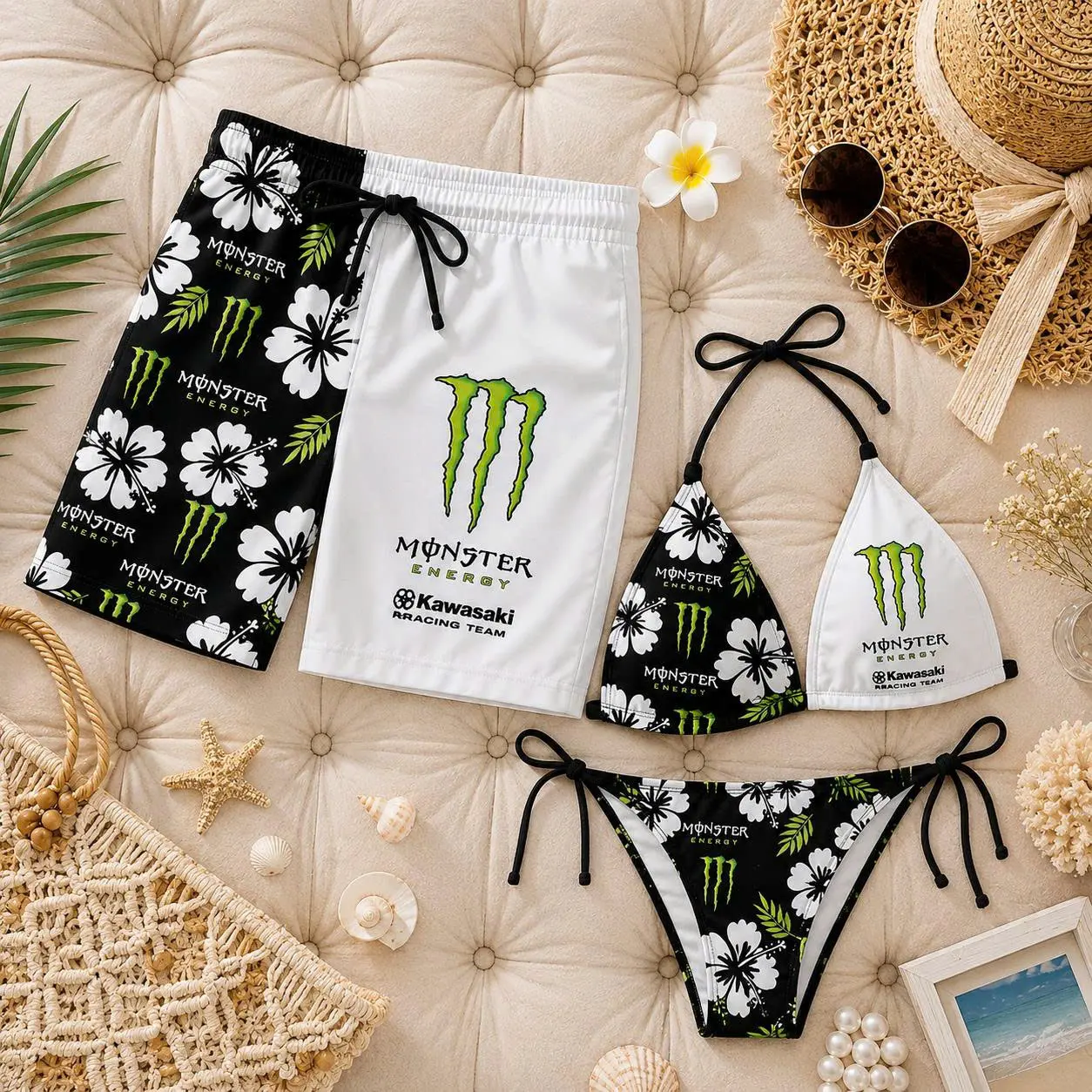 Matching Monster Floral Swimsuits for Couples - Women's Swim Bra & Tie-Side Thong Bikini, Men's Beach Shorts, Summer Vacation Hawaiian Swimwear