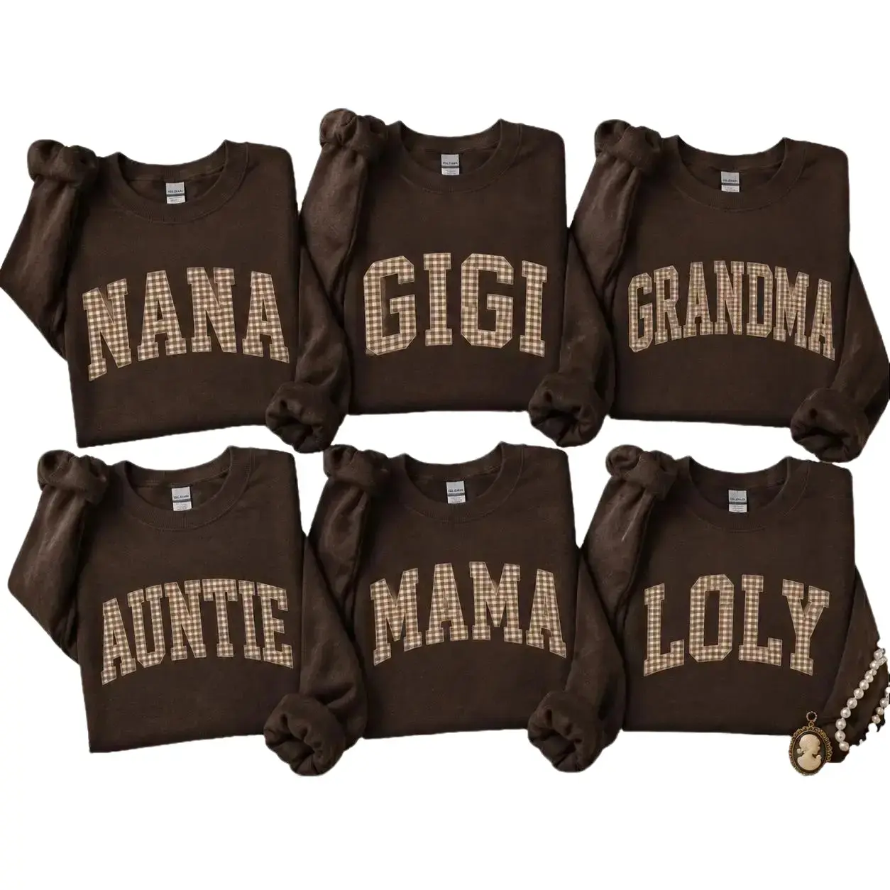 Personalized Mama Nana Gigi Grandma Auntie Lolly Sweatshirt, Custom Family Name Crewneck, Vintage Gingham Patch Letter Sweatshirt, Matching Grandma Mom Gift, Mother's Day Family Pullover, Custom Women's Sweatshirt -DarkFlex