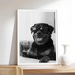 Funny Rottweiler Drinking Whiskey,Pet & Animal Canvas Print, Minimalist & Neutral-Style Poster, Bedroom Aesthetic Wall Decor.