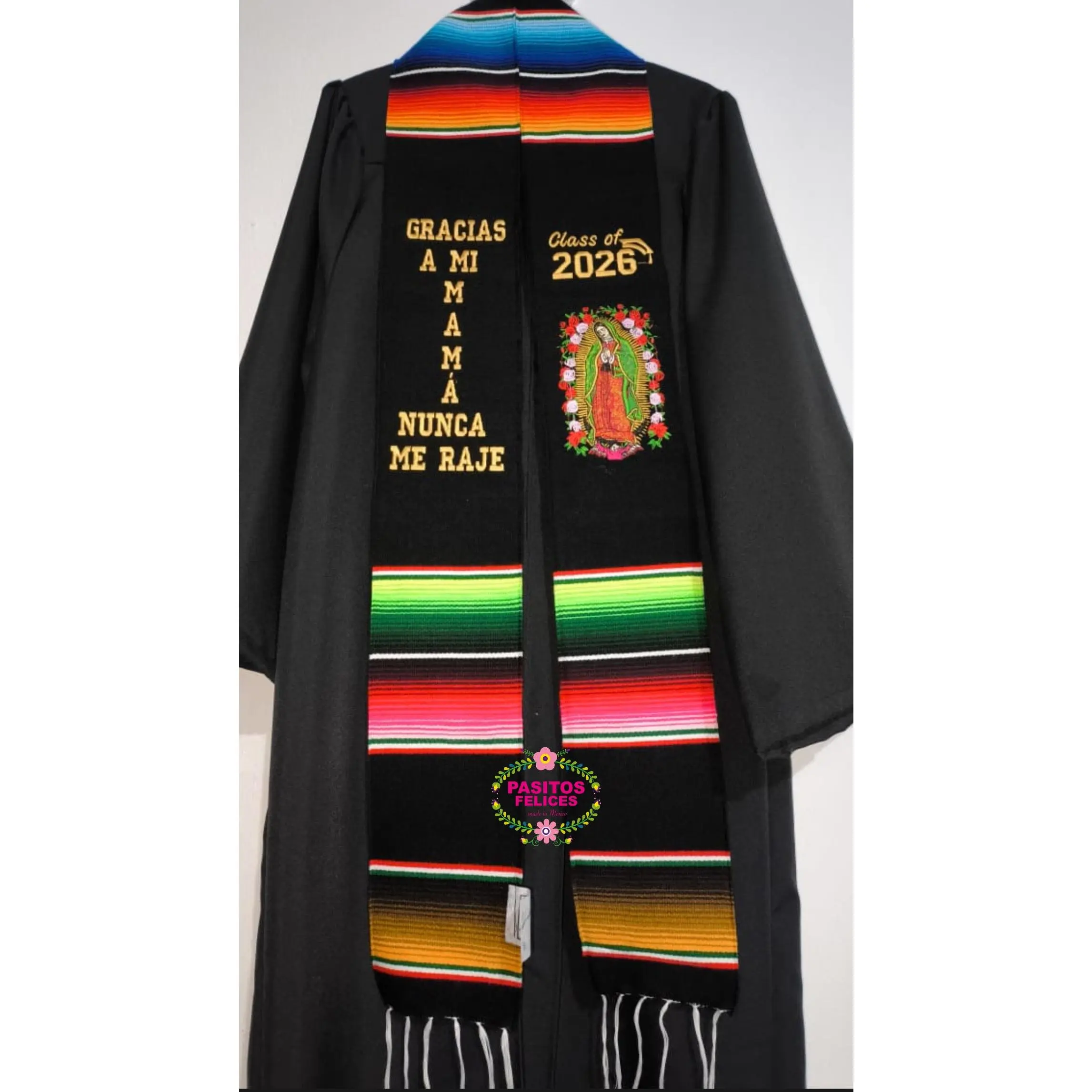 *2026*Gracias a mi Mamá Floral Virgen Black Graduation Stole Sarape Sash IN STOCK