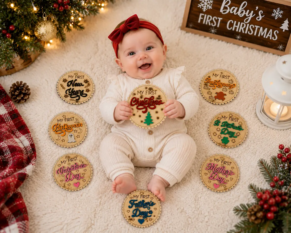 Baby's First Holiday Milestone Disc Set | 10 Wooden Milestone Photo Props
