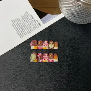 Hailey's square shape orange&pink french tips  floral flowers luxury acrylic handmade press on nails