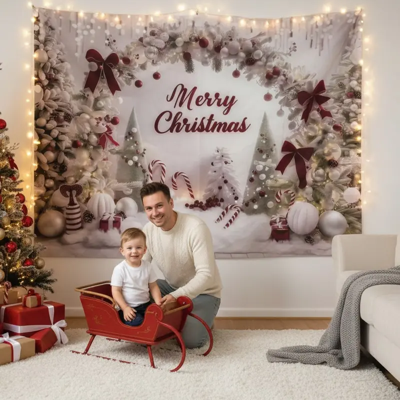 1pc Simple Cordless Polyester Festive Christmas Banner - 2D Flat Plain Backdrop with Candy Cane, Silvery Tinsel, White Snowy Arch, Trees, Balloons, Ornaments for Living Room, Bonfire Outdoor Party Decor