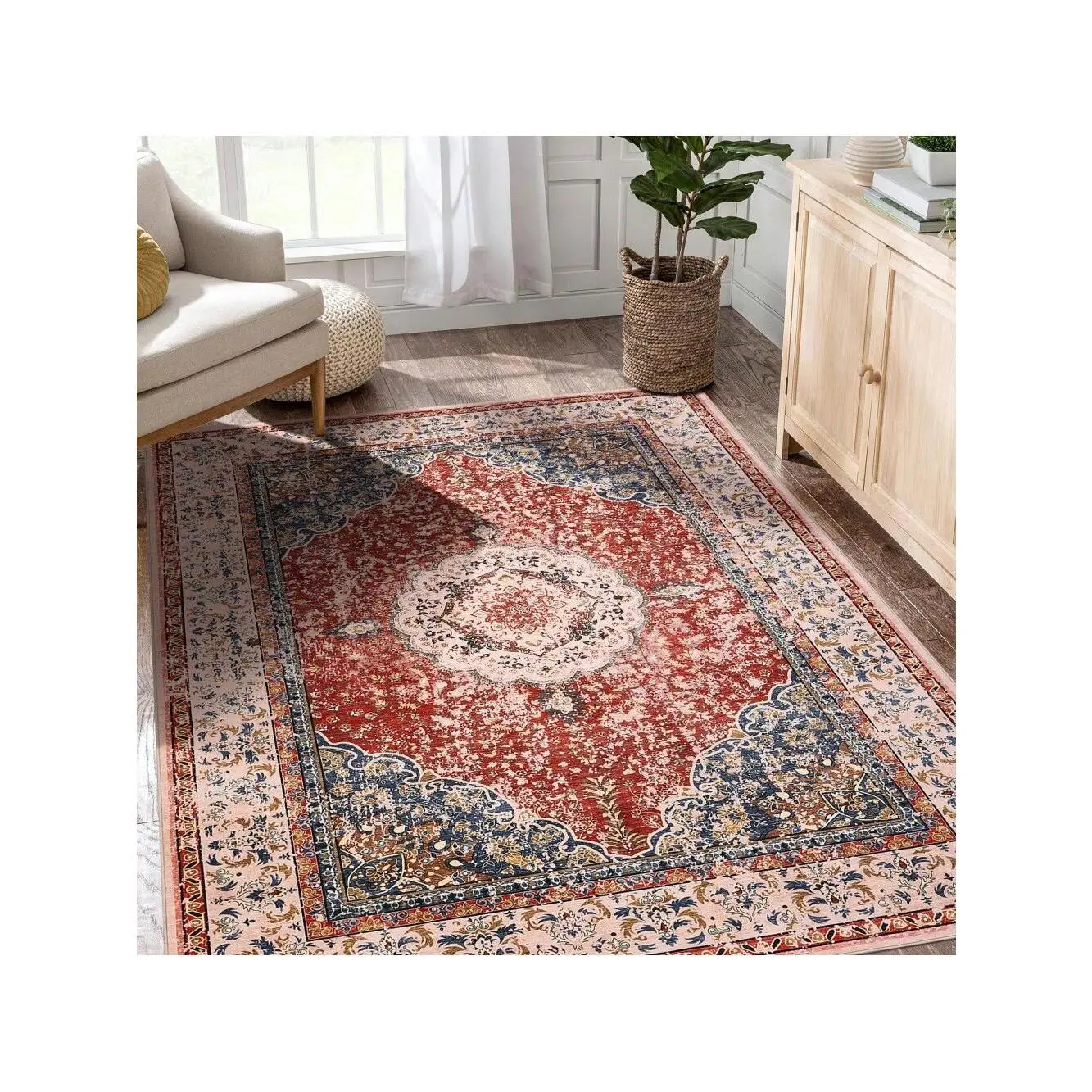 Red-10ft*13ft Short Pile Area Rugs For Living Room Carpets Boho Washable Large Rugs For Bedroom Modern Vintage Classic Lounge Rug