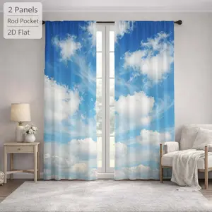 2Pcs Blue Sky White Cloud Pattern Landscape Sun Blocking Curtains Digital Printed Rod Pocket, Window Treatment For Bedroom Office Kitchen Living Room Study Home Decor