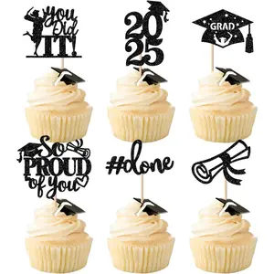 24 Pack Black 2025 Graduation Cupcake Toppers Glitter So Proud of You Done Diploma Grad Cap Cupcake Picks You Did it Cake Decorations for 2025 Graduation Theme Party Decorations Supplies