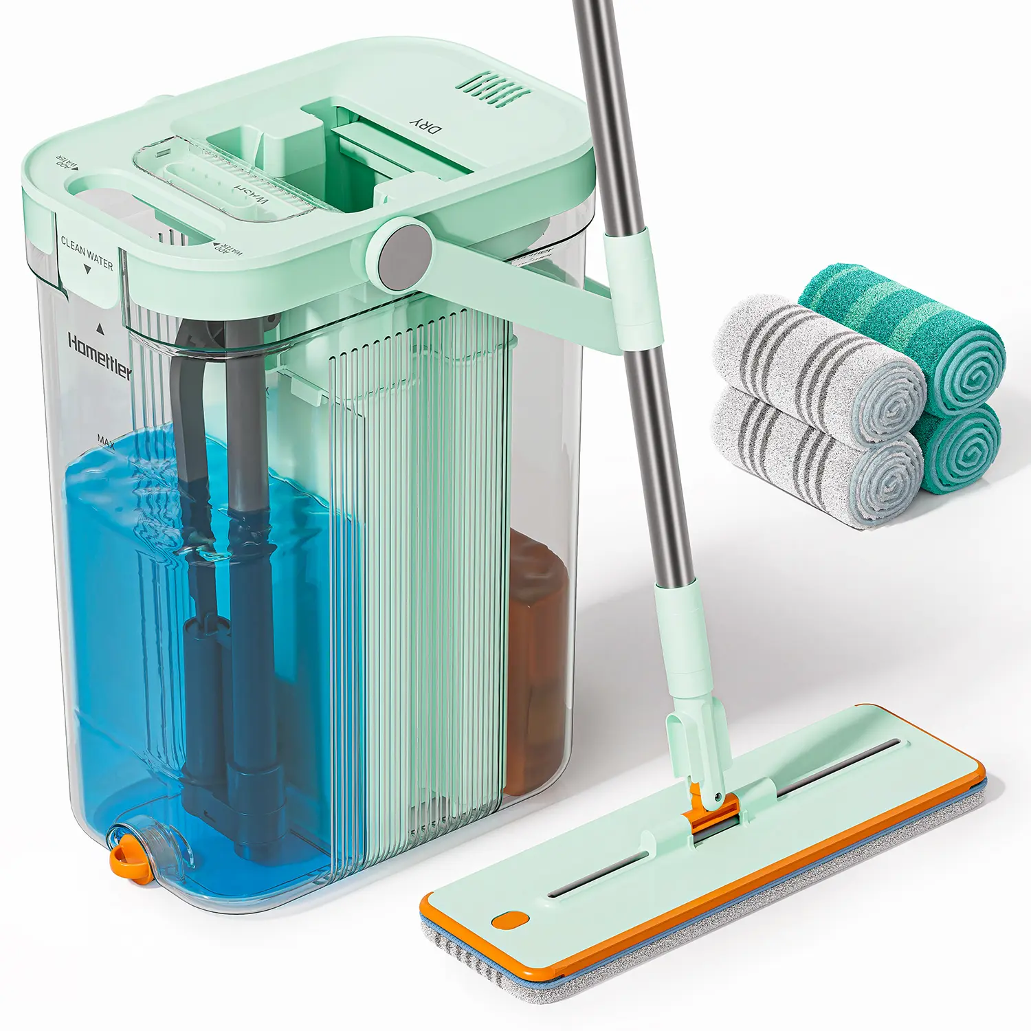 HoMettler Transparent Mop and Bucket Set with Separate Dirty & Clean Water - 65" Flat Mop (Grey) with Microfiber Chenille Scrub Brush Head for Bathroom, Home Cleaning and Organizing + Microfiber Cleaning Towels