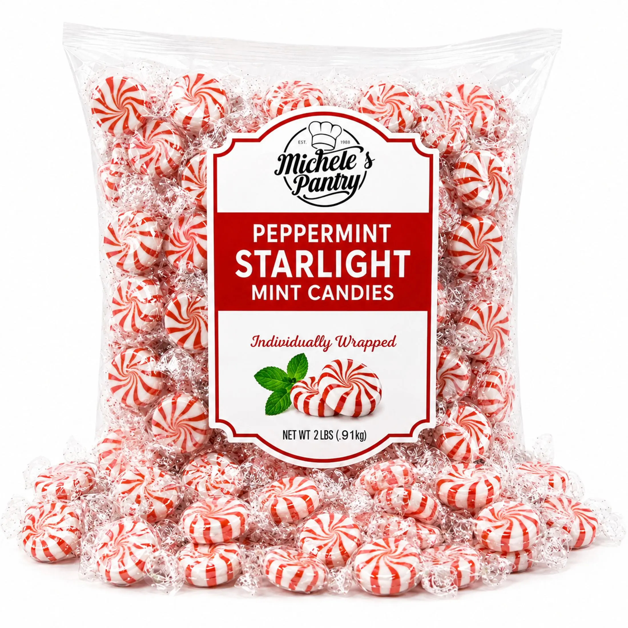 Michele's Pantry Peppermint Starlight Mints Hard Candy Individually Wrapped 2 lb Bulk Bag