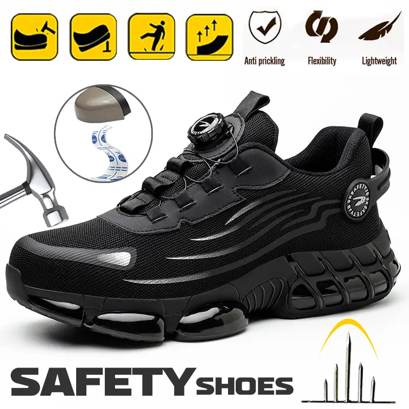 Men's Closed Steel Toe Work Safety Walking Shoes - Worker-Focused Rotating Buckle, Non-Slip, Indestructible, Casual Fashion Polyester Footwear