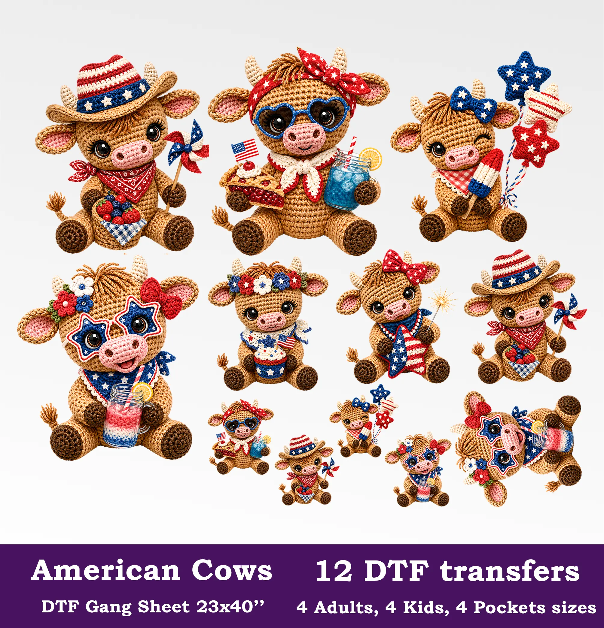 American Cows DTF Gang Sheet, 23x40 in. 4th of July Heat transfers