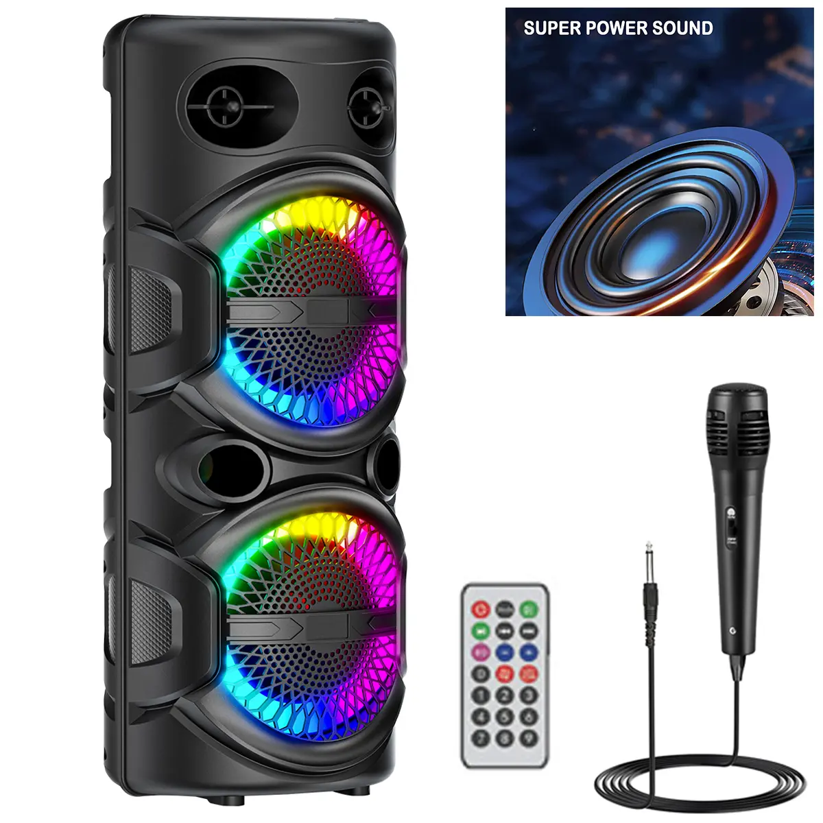 Portable Bluetooth Speaker Dual 8" Party Box Karaoke Speaker With Microphone Remote Control LED Lighting