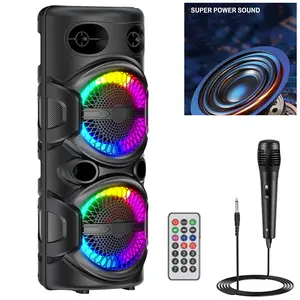 Portable Bluetooth Speaker Dual 8" Party Box Karaoke Speaker With Microphone Remote Control LED Lighting Portable Bluetooth Speaker Dual 8" Party Box Karaoke Speaker With Microphone Remote Control LED Lighting