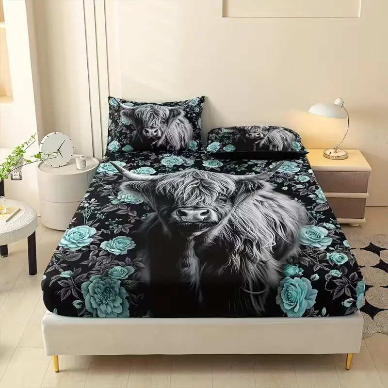 3-piece soft and comfortable black yak bed sheet set, Soft Bedding Sets, beautiful animal bedding set for bedroom and guest room (1 bed sheet+2 pillowcases, coreless)
