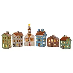 Houses and Church LED Tea Light Ceramic Stoneware Village, Set of 6
