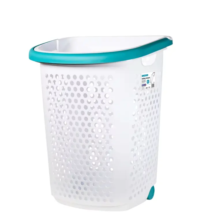 Home Logic 2 Bushel Rolling Plastic Laundry Hamper with Pop-up Handle, White, Adult